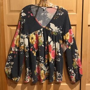 New White Birch Floral Long Sleeve Knit Blouse